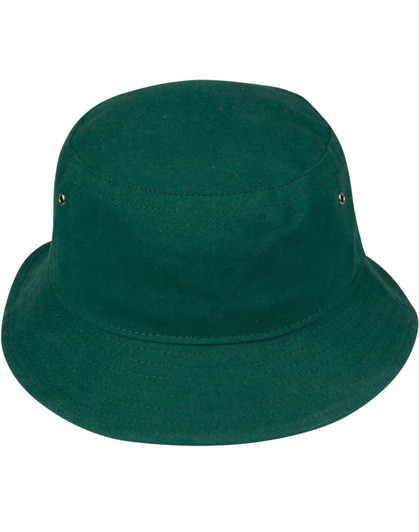 A green bucket hat with a plain design and ventilation eyelets. It features a simple, unembellished style.