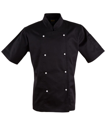 A black short sleeve chef's jacket featuring a double-breasted design and decorative buttons. It has a logo on the chest.