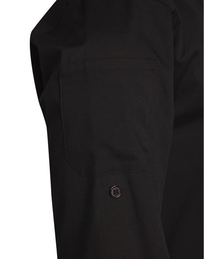A black men's functional chef jacket featuring a pocket on the sleeve and a button detail.