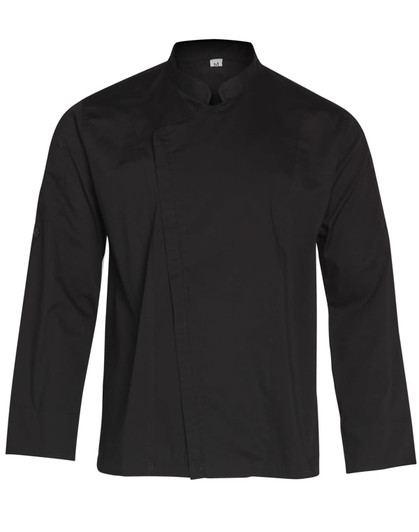 A black men's functional chef jacket featuring a single-breasted design and long sleeves, with a logo on the arm.