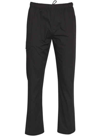 Black men's functional chef pants with an elastic waistband and side pocket. Features a simple design and logo.