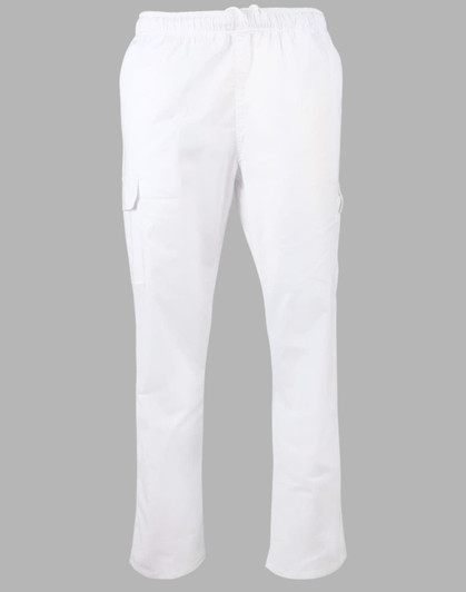 White chef pants featuring an elastic waistband and side pockets. The pants have a logo on them.