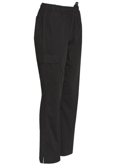 Functional ladies' chef pants in black, featuring an elastic waistband and cargo pockets. Includes a logo.
