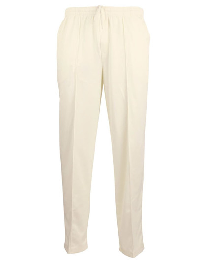 Light cream men's cricket pants with an elastic waistband and a logo. Suitable for various cricket activities.