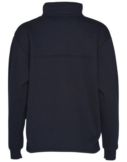 A navy blue Kid's 1/2 zip collar fleecy sweat with a back seam design and relaxed fit. Features a logo.