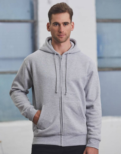 A men's full-zip fleecy hoodie in light grey, featuring a hood and front pockets, with a small logo.