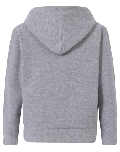 A grey kid's full-zip fleecy hoodie with a hood and long sleeves. The back view displays a simple design and logo.