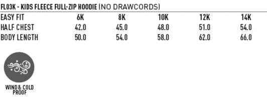 A kids' full-zip fleecy hoodie, featuring a wind and cold proof design, available in multiple sizes.