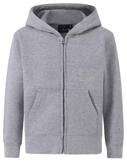 A grey full-zip fleecy hoodie with a hood and front pockets, featuring a logo on the chest.