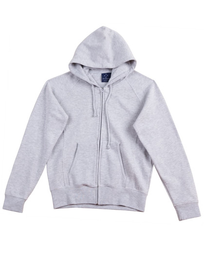 A ladies' full-zip fleecy hoodie in light grey, featuring a hood and front pockets, with a logo on the chest.