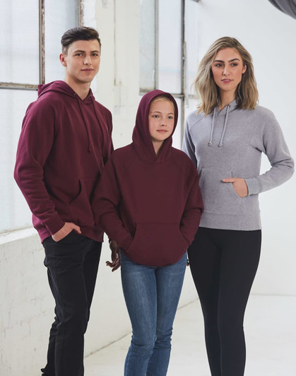Three models wearing hoodies: one in maroon, one in maroon with a hood, and one in grey with a logo.