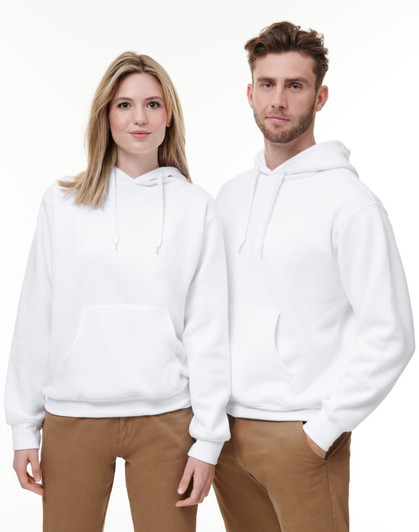 A white fleece hoodie with a front pocket is worn by a male and female model, showcasing the product's fit and style.