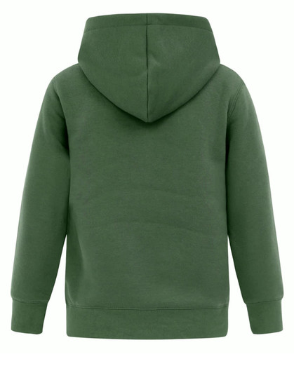 A green kids' hoodie featuring a close front design and a hood. It has long sleeves and a simple style.