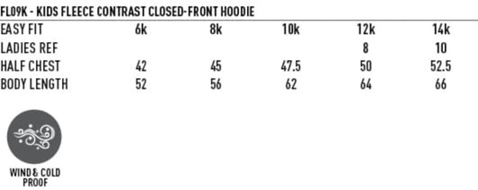 A kids' closed front contrast hoodie in various sizes, featuring a logo. Appears warm and suitable for cooler weather.