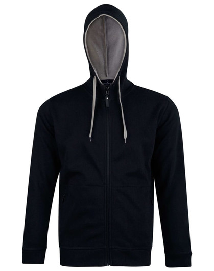 A black full zip fleece hoodie with a contrasting inner hood and pockets, featuring a logo.