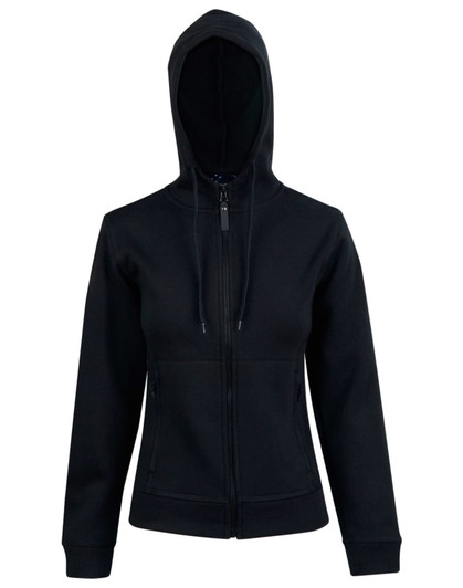 A black ladies' full zip contrast fleece hoodie with a hood and zippered pockets. It features a logo on the garment.