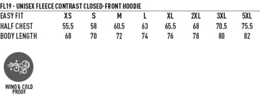 A sizing chart for the Unisex Fleece Contrast Closed-Front Hoodie, displaying measurements for various sizes.