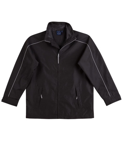 A black sport racing jacket with a zip front, side pockets, and reflective detailing. It features a collar and a logo.