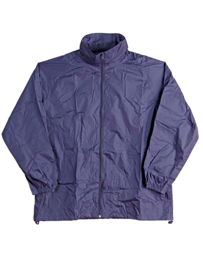 A navy outdoor activity spray jacket with a high collar and zip fastening, featuring elastic cuffs and a logo.
