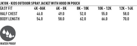 A waterproof kids' outdoor spray jacket in various colours with a hood, featuring a pouch and branding.