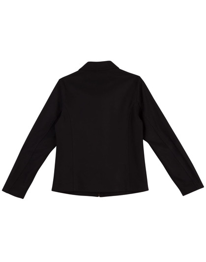 A black ladies' wool blend corporate jacket with a structured design and a back vent, featuring a logo.