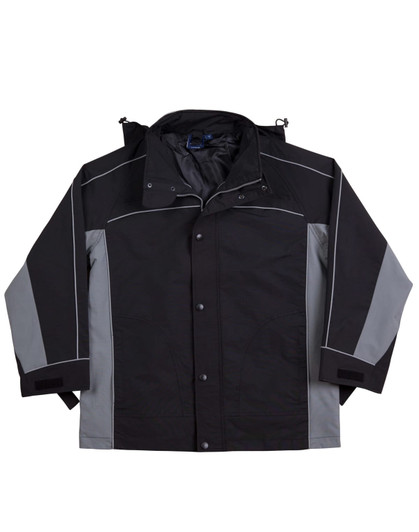 A black and grey men's 3-in-1 jacket featuring a detachable inner layer and a logo.