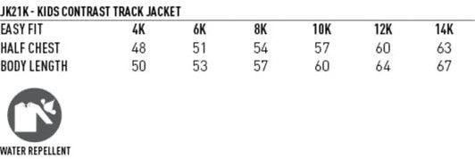 A kids' track jacket in multiple sizes, featuring a water-repellent design and a branded logo.