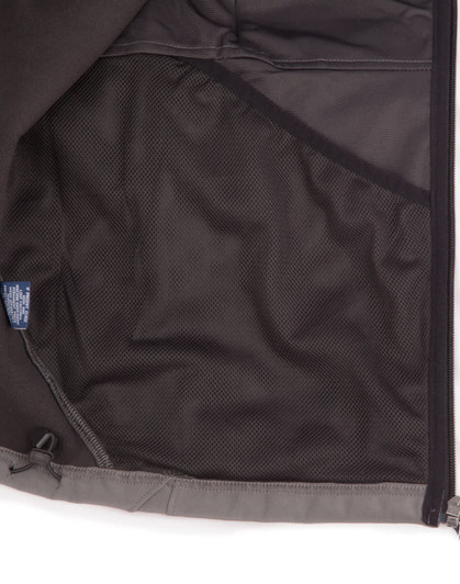 An inside view of a men's softshell high-tech jacket featuring a mesh pocket, predominantly grey in colour.