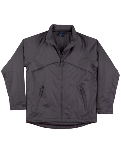 A grey men's chalet jacket featuring a zip closure and two front pockets, with a branded logo on the collar.