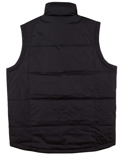 A black nylon rip-stop padded vest with a high collar and quilted design, featuring a logo.