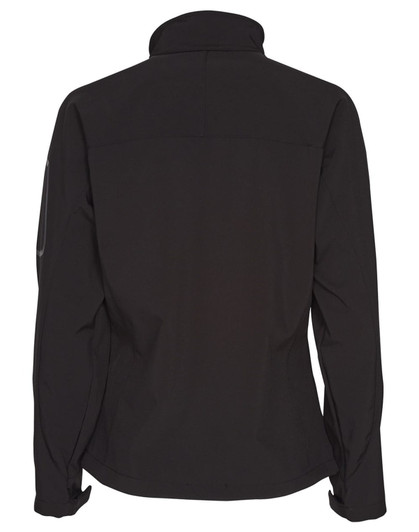 A black softshell jacket with a high collar and fitted design, featuring a logo on one sleeve.