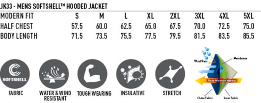 A size chart for a Men's Softshell Full Zip Hoodie, detailing measurements and features such as fabric type, water resistance, and insulation.