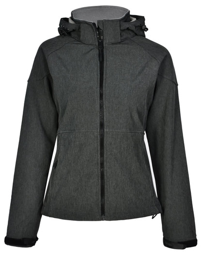 A dark grey ladies' softshell full zip hoodie with a hood, featuring a logo and a fitted design.