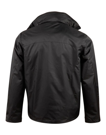 A black jacket featuring a high collar and a clean back design, including a logo.