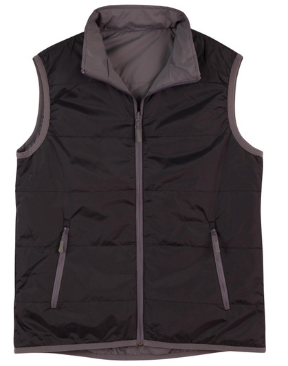 A black and grey versatile vest with a zip front, featuring side pockets and a high collar.