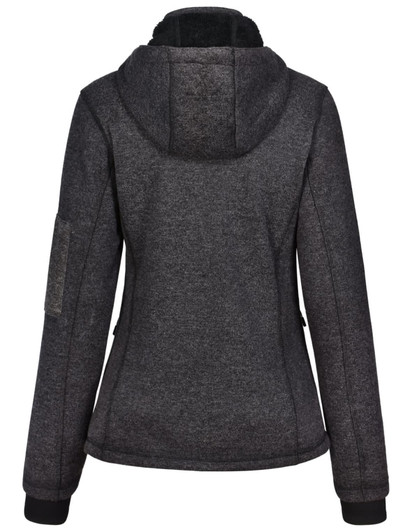 A ladies' grey bonded fleece jacket with a hood, featuring a fitted design and an included logo.