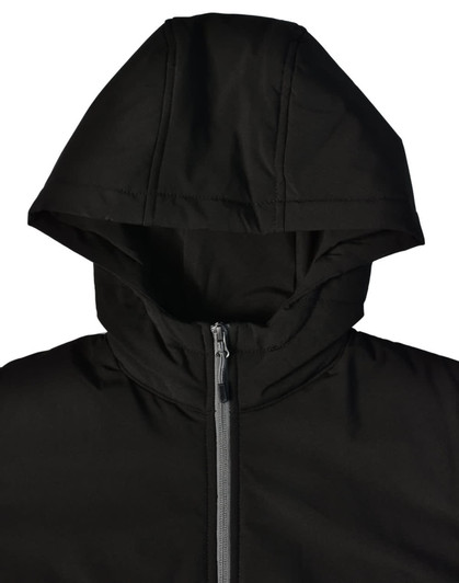 A black women's quilted jacket featuring a hood and a front zip, with a logo on the design.