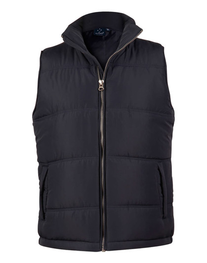 A heavy quilted vest in black with a zip front and side pockets. It features a logo on the inside.