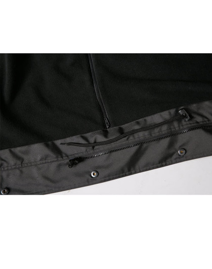 A black Long Line Stadium Jacket featuring a zippered pocket and snap fasteners at the hem. It has branding elements.