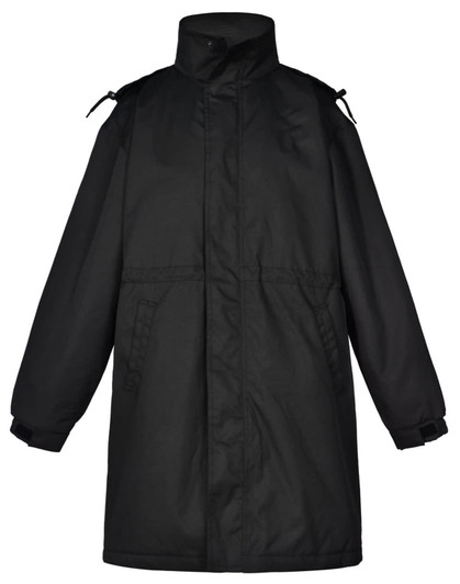 A long black stadium jacket with a high collar and adjustable features, featuring a logo on the design.