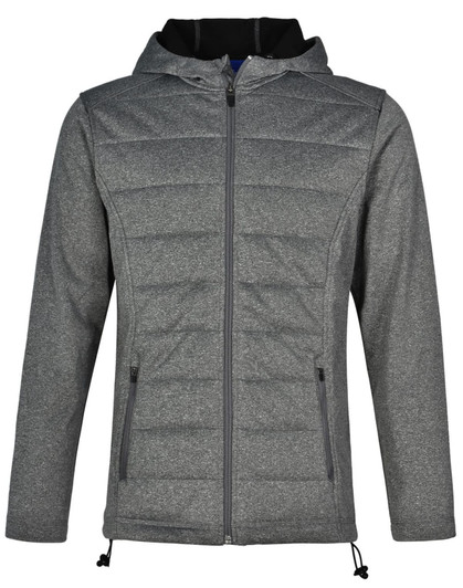 A grey cationic quilted jacket with a hood and zip closure, featuring a logo on the chest.