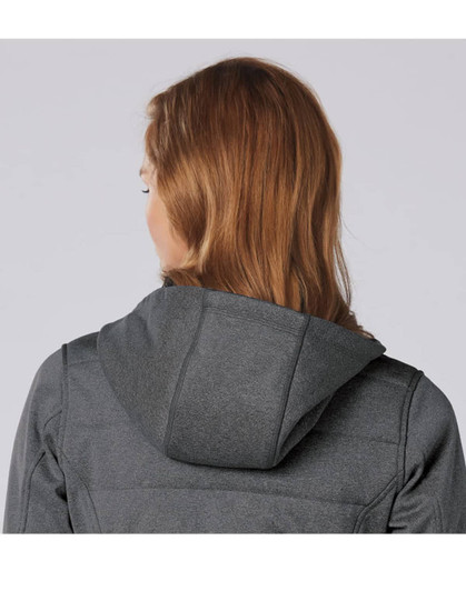 A grey quilted jacket with a hood, featuring a sleek design and visible stitching details at the back.