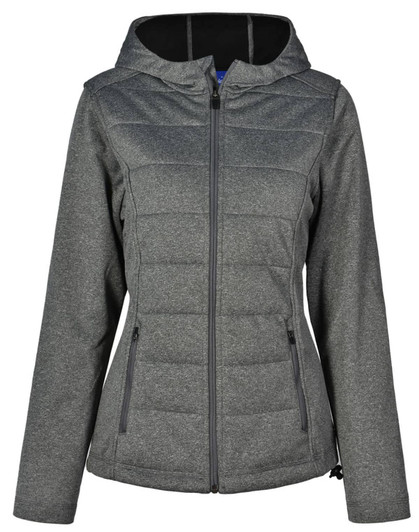 A ladies' quilted puffer jacket in grey, featuring a hood and zippered pockets, with a logo on the jacket.