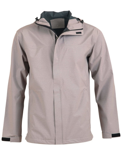 A men's waterproof performance jacket in light grey, featuring a hood and a logo on the chest.