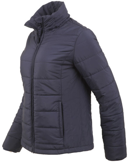 A ladies' sustainable insulated puffer jacket in navy blue with a 3D cut design and a logo.