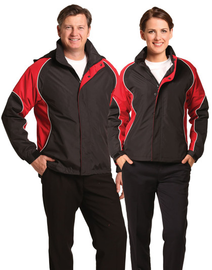 A unisex jacket in black with red accents, featuring a logo. Designed for a stylish and sporty look.