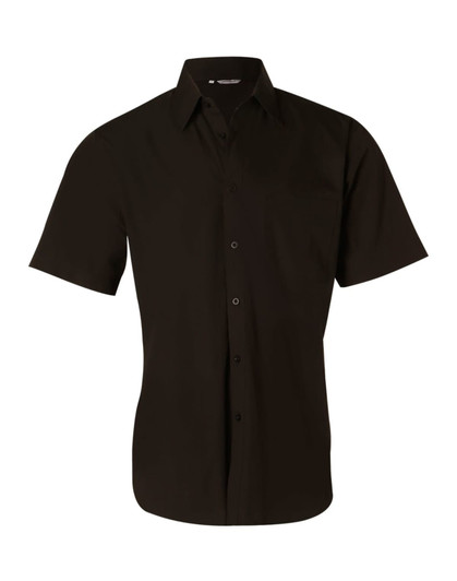 A black short sleeve button-up shirt with a collar and a front pocket, featuring a logo.