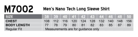 A grey size chart for a Men's Nano Tech Long Sleeve Shirt, detailing chest and body length measurements.