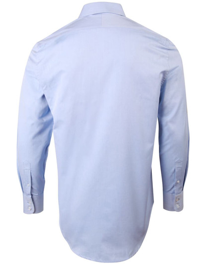 A light blue men's long-sleeve pinpoint oxford shirt with a button-up front and cuff details.