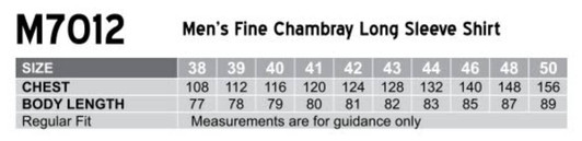 Men's fine chambray long sleeve shirt in light blue, featuring a button-up design and a logo. Regular fit details provided.